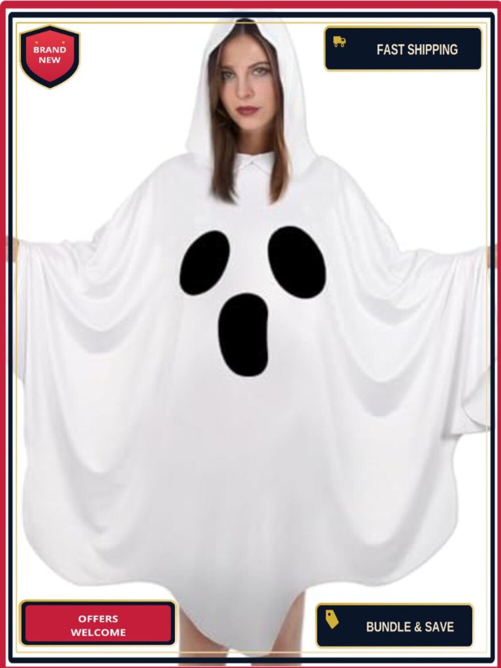 Halloween Ghost Poncho Costume Hooded Cape One Size Short Adults Cosplay